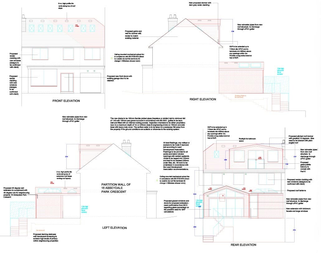 Proposed elevations with annotations