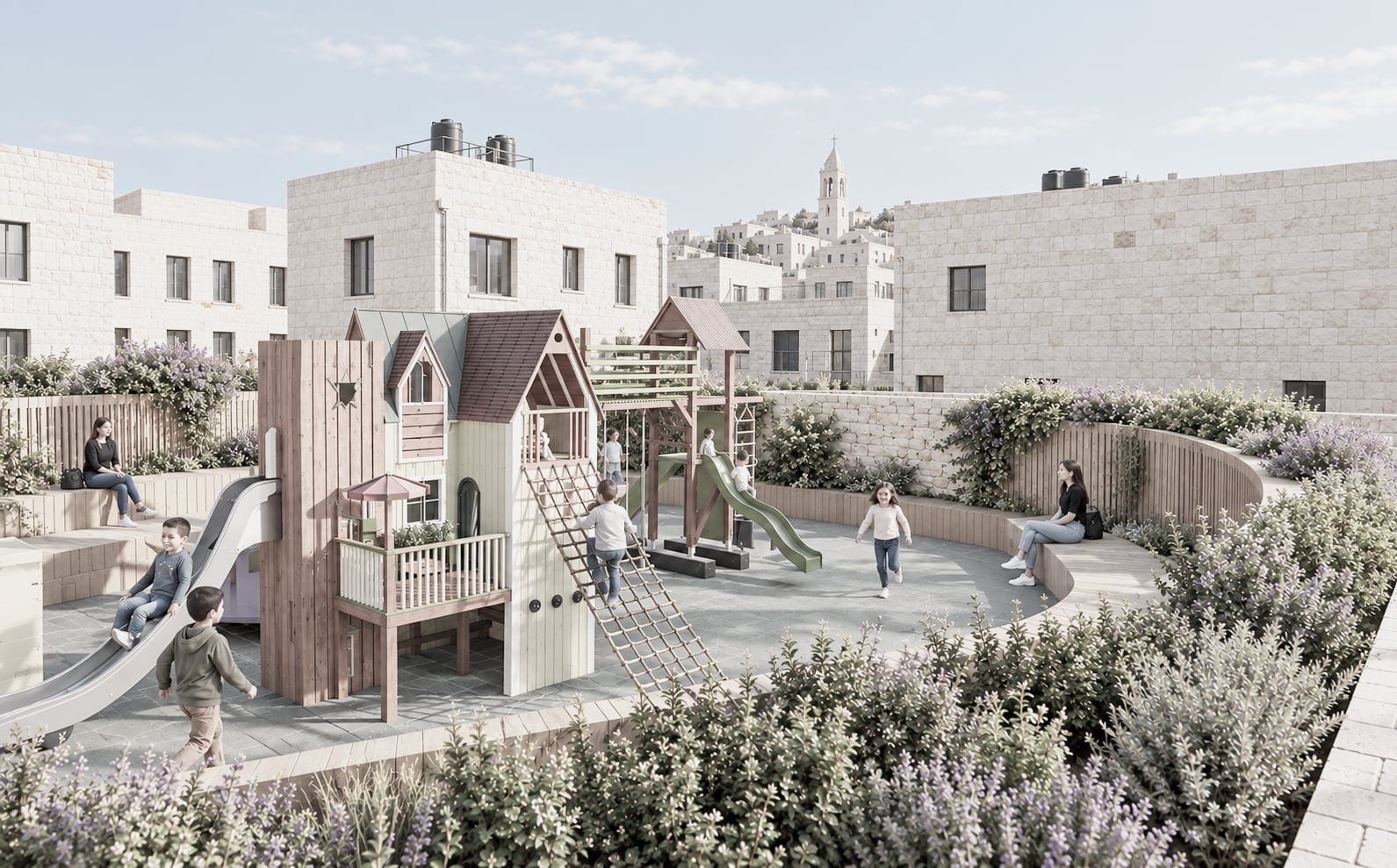 Render of the children's playground and play house