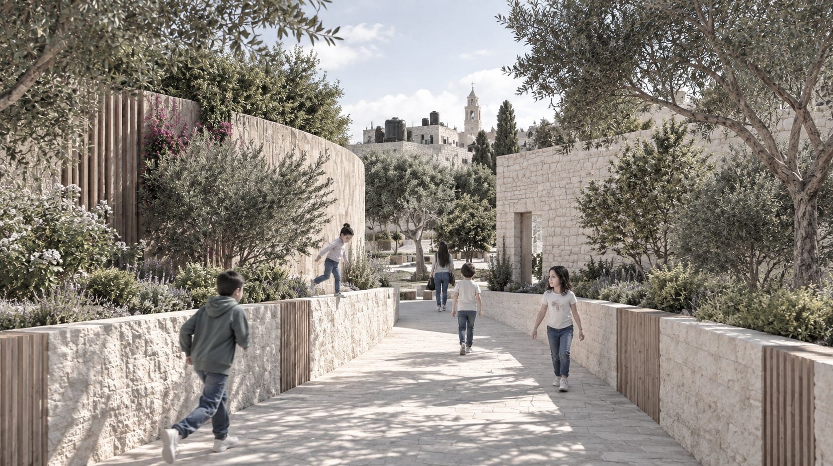 Render of the landscaped route between stone walls