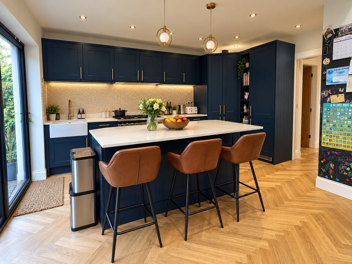 Navy kitchen with an island and brass pendant lights
