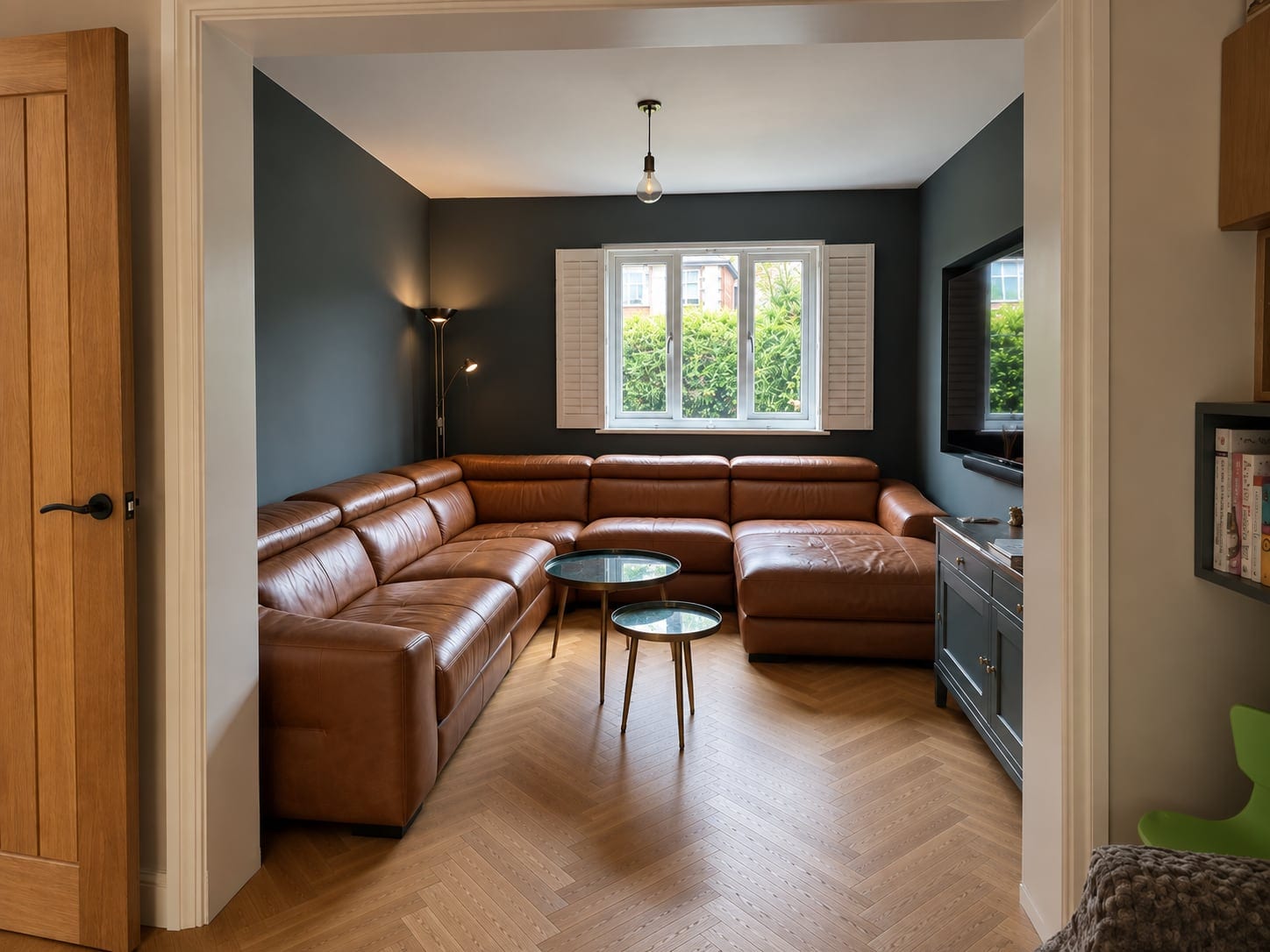 Living room with a leather corner sofa