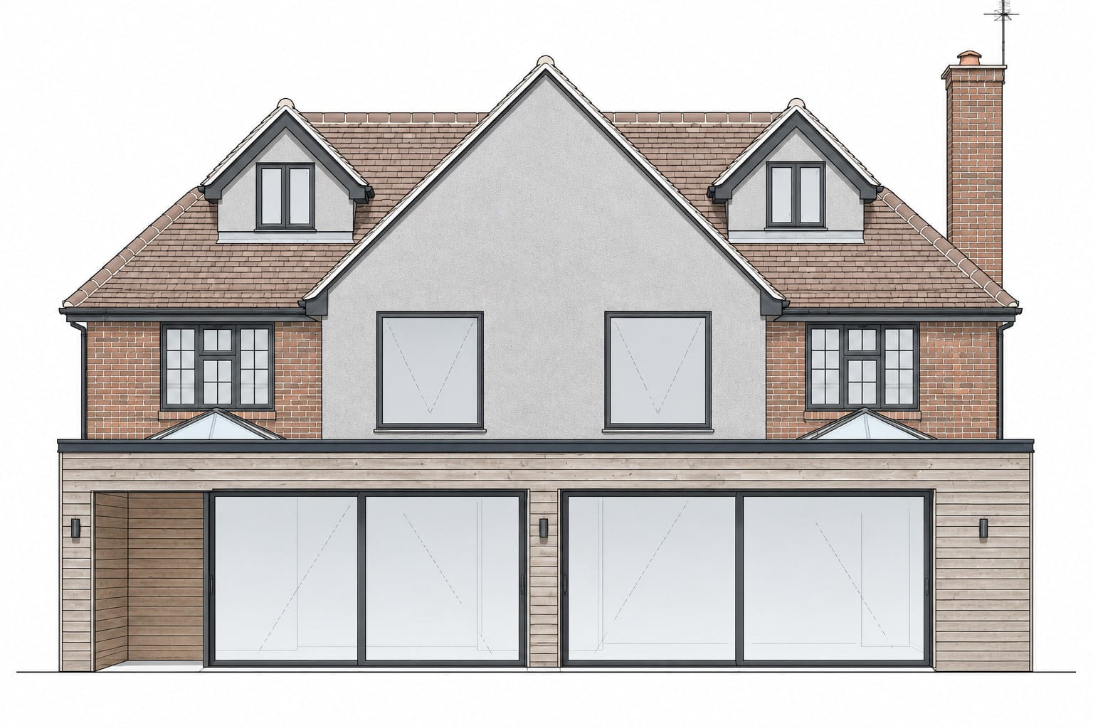 Proposed rear elevation drawing in colour, showing brick, render, dormers and the timber-clad extension