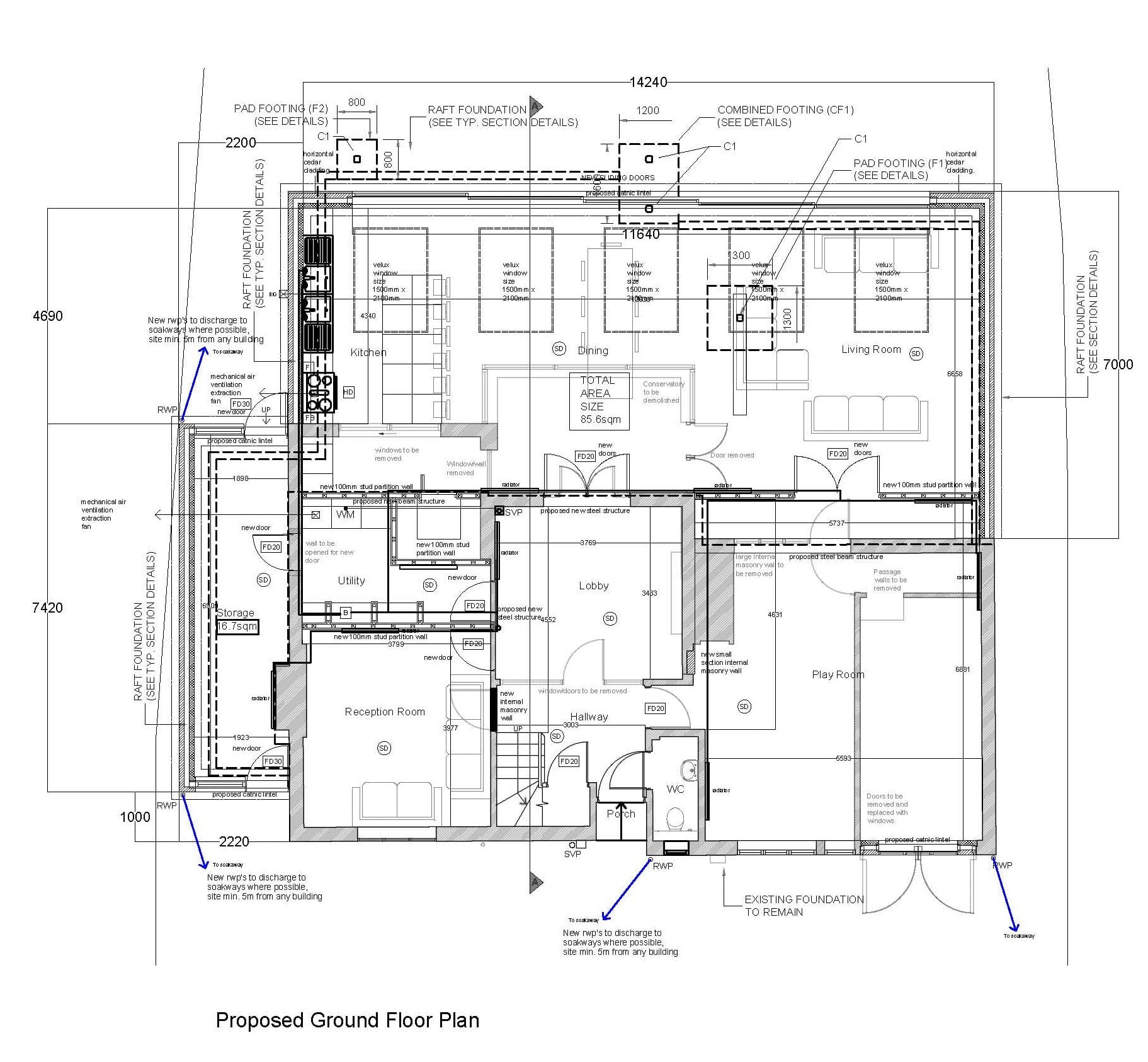 Building Regulations drawing: proposed ground floor plan with the open-plan kitchen, dining and living space