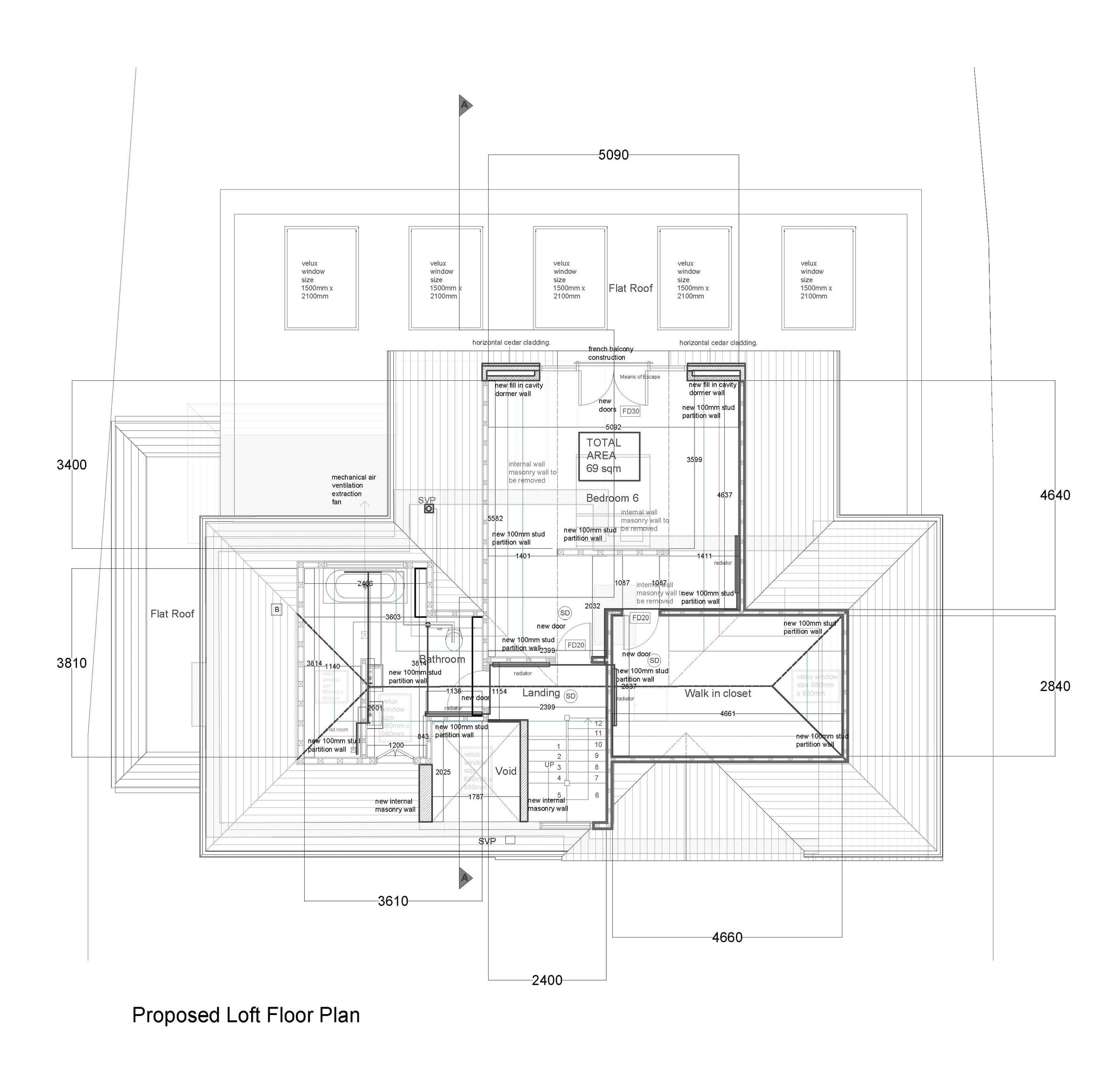 Building Regulations drawing: proposed loft floor plan