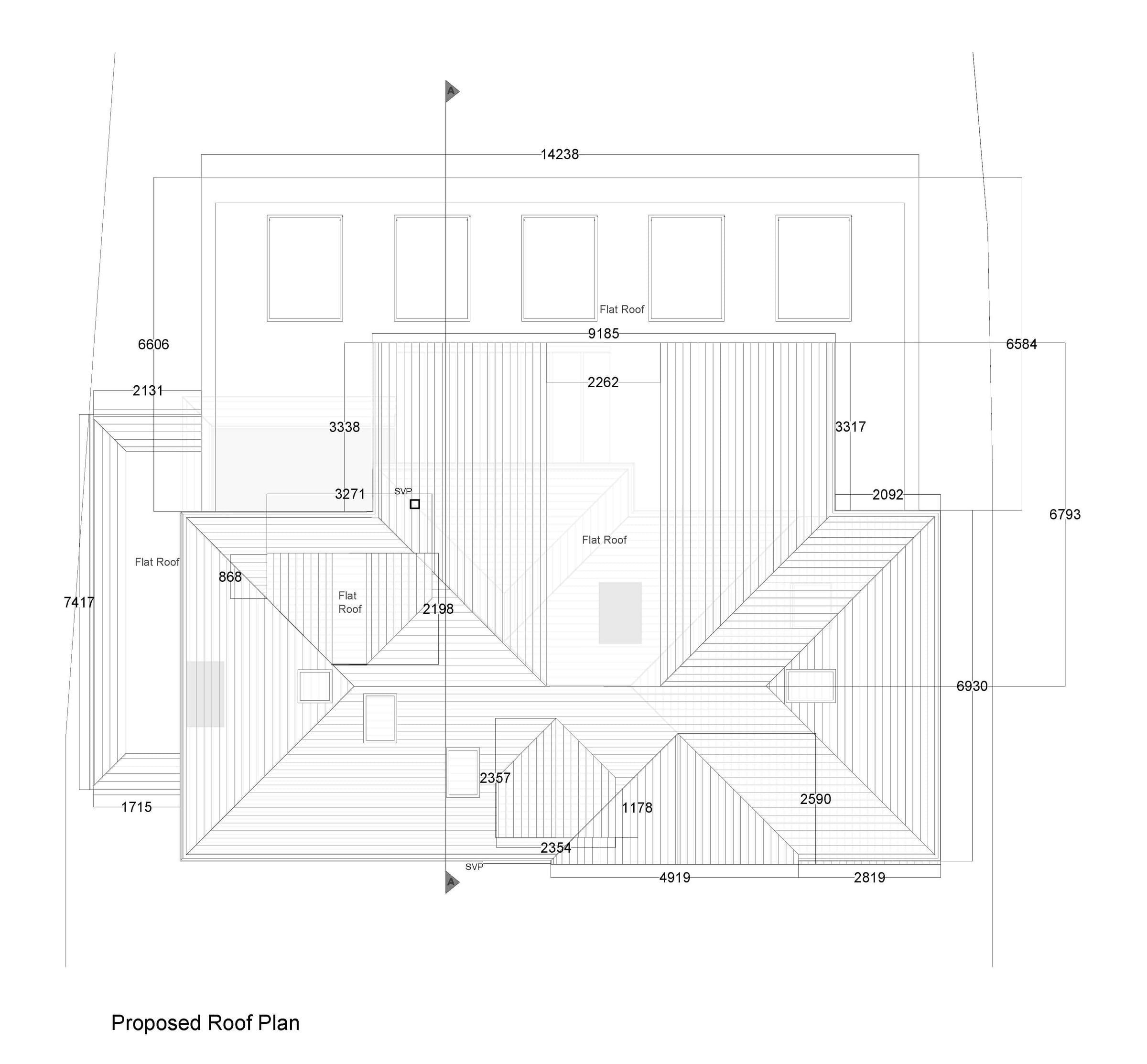 Proposed roof plan showing the rooflights and the junctions between existing and new roofs