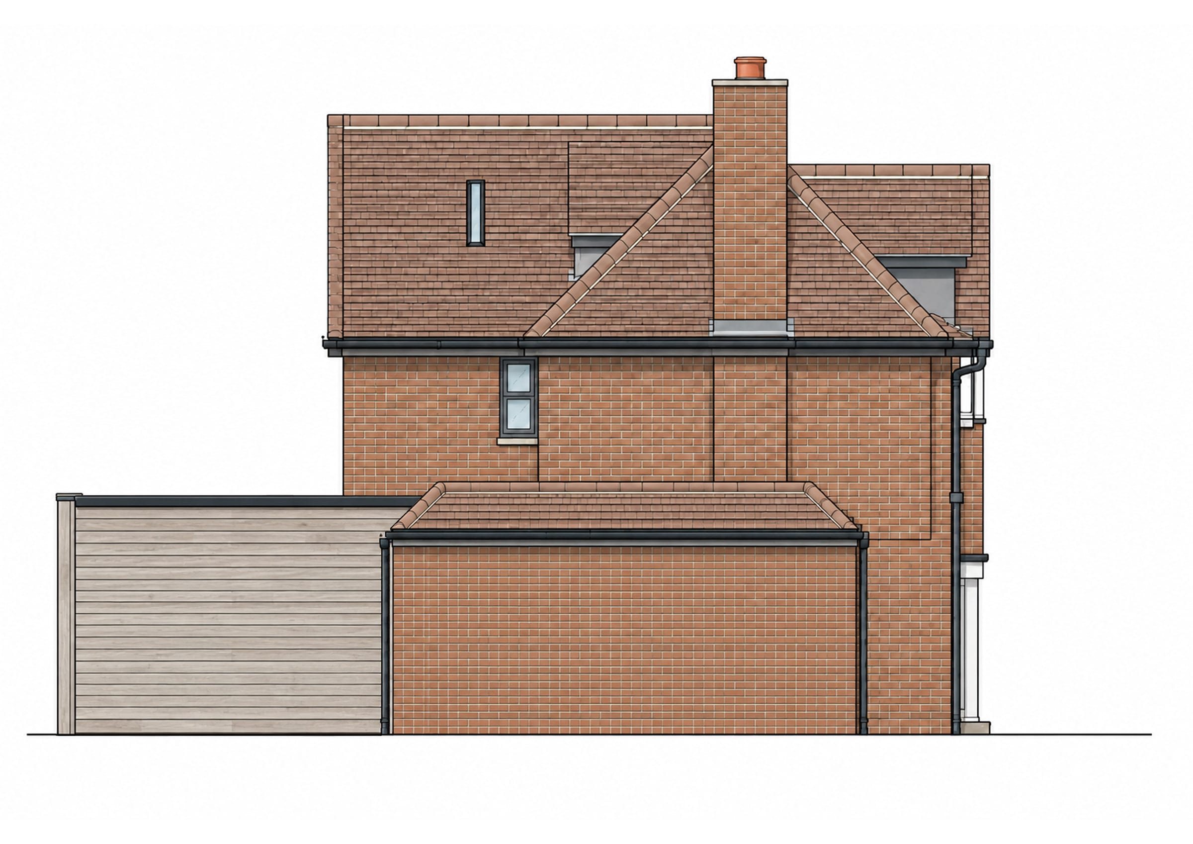 Proposed side elevation in colour, with brickwork, tiled roof and timber cladding