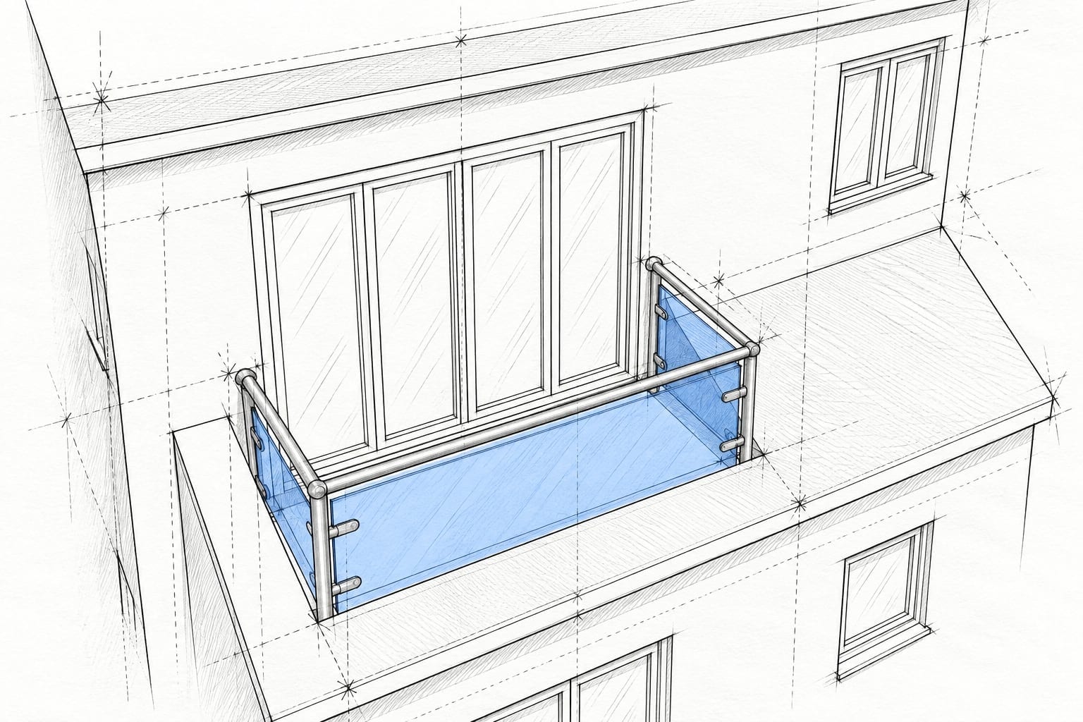 Elevated perspective sketch of the balcony and doors