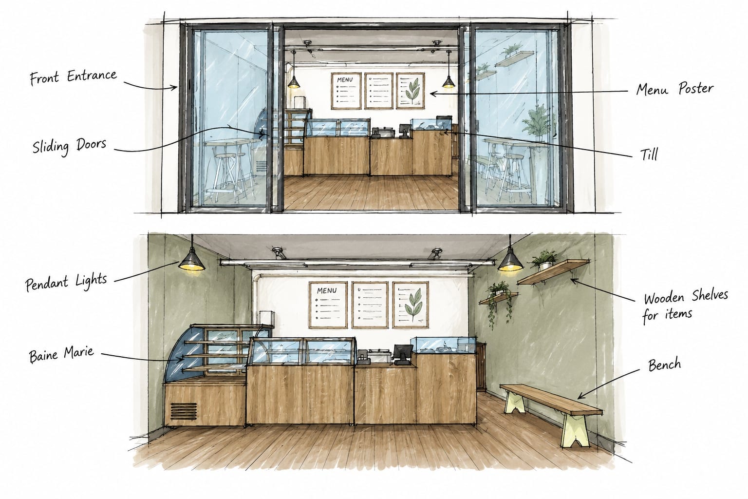 Annotated sketches of the front elevation and counter
