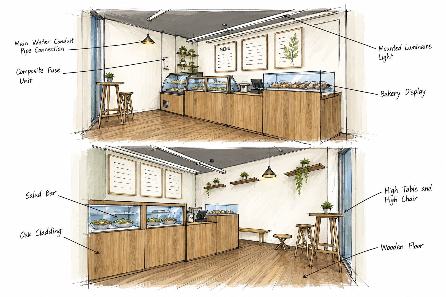 Annotated interior perspectives of the counter, seating and displays
