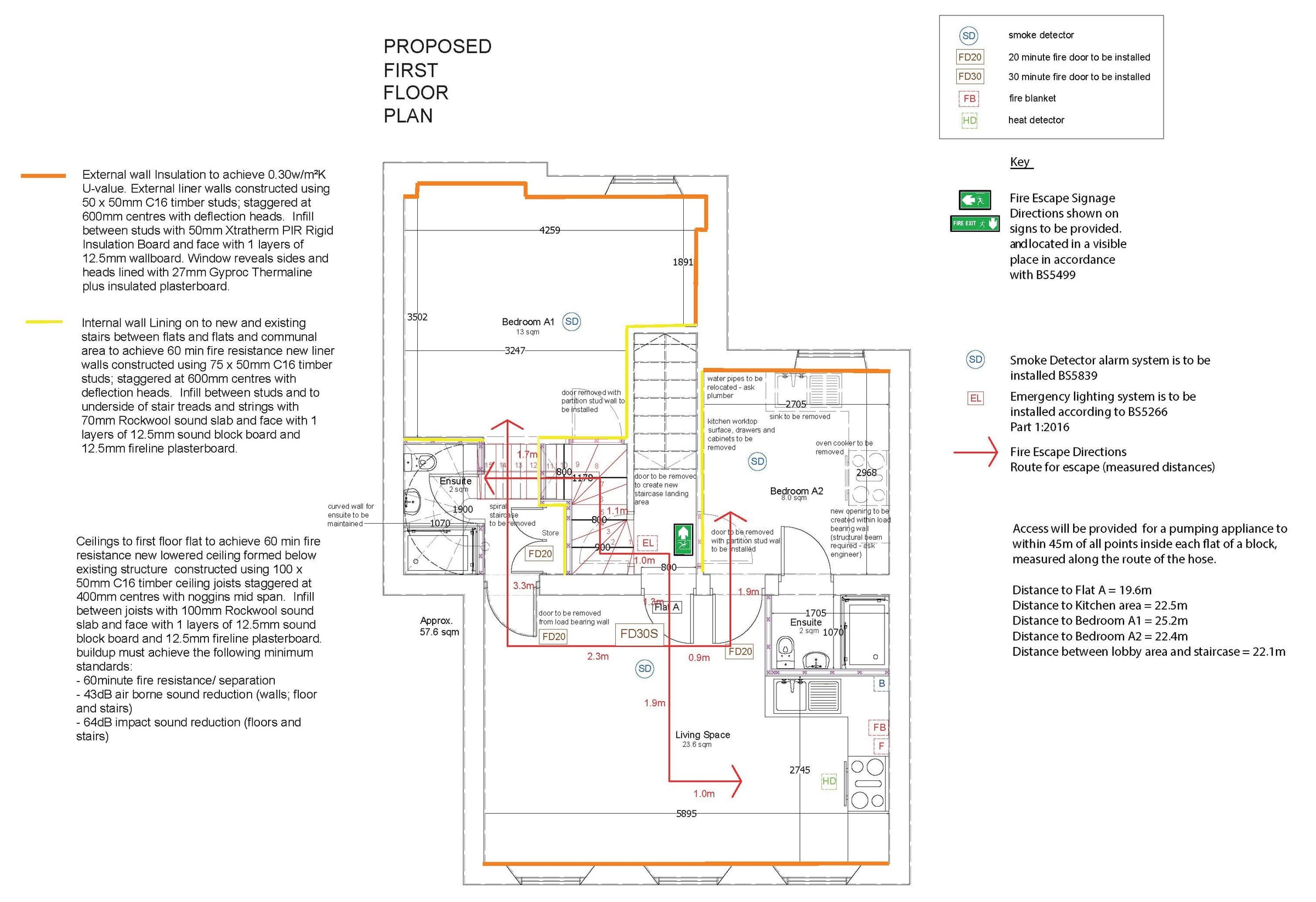Proposed first floor plan with fire strategy annotations