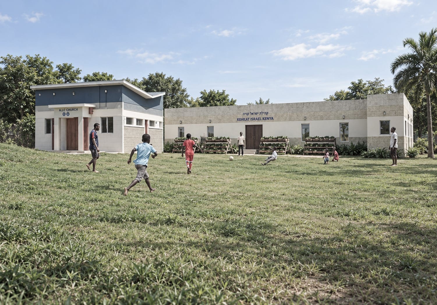 Render of the hall and kitchen block seen across open grass, with children playing