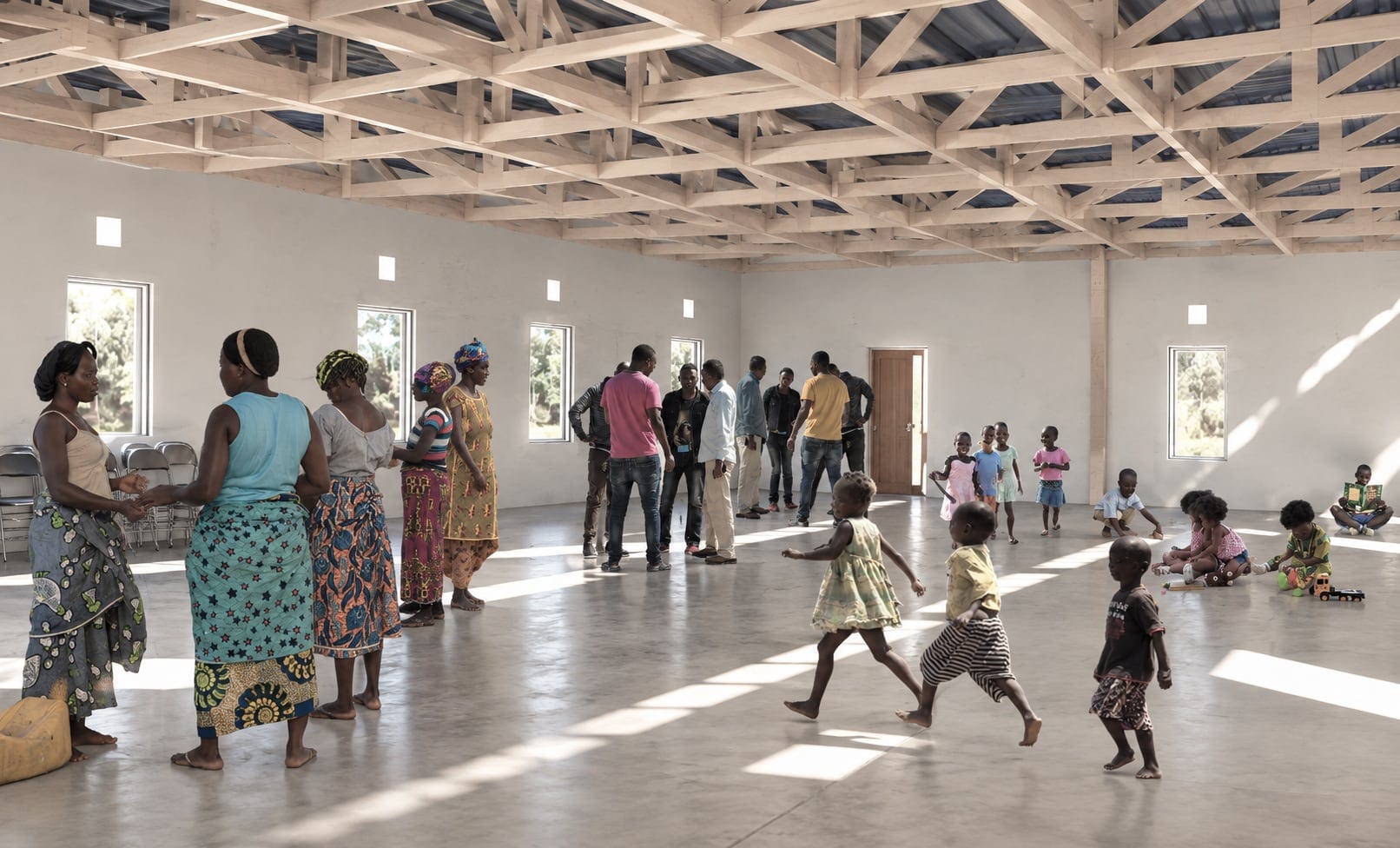 Render of the social hall interior under an exposed timber roof, with people gathering