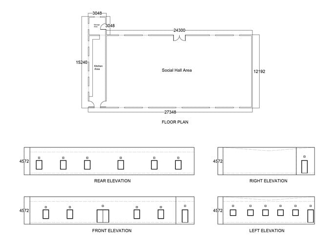 Floor plan and elevations of the social hall
