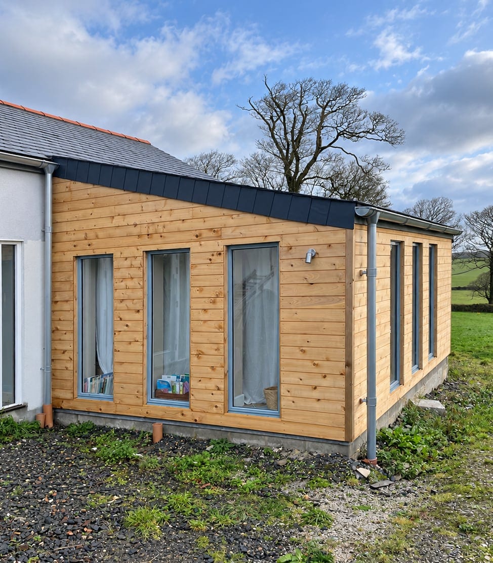 Timber-clad extension with tall slender windows