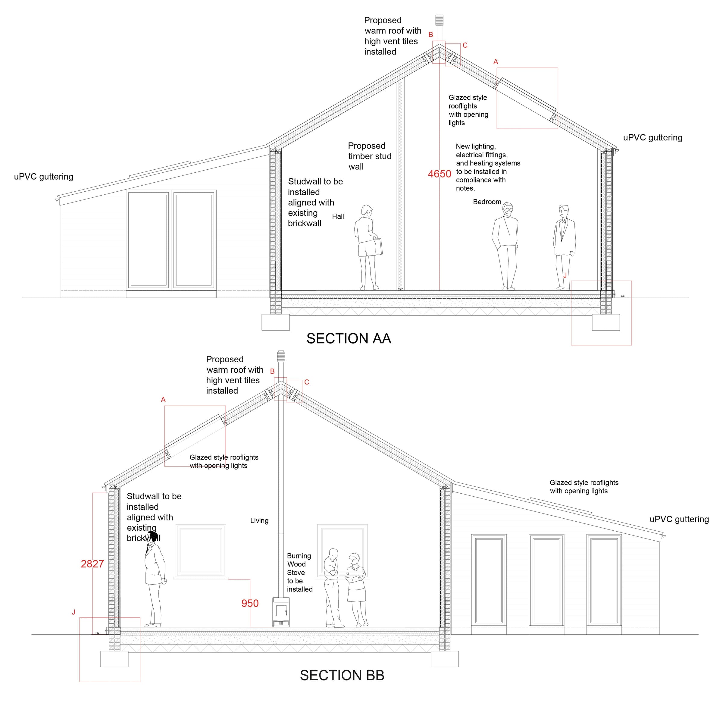 Technical sections AA and BB through the pitched roof