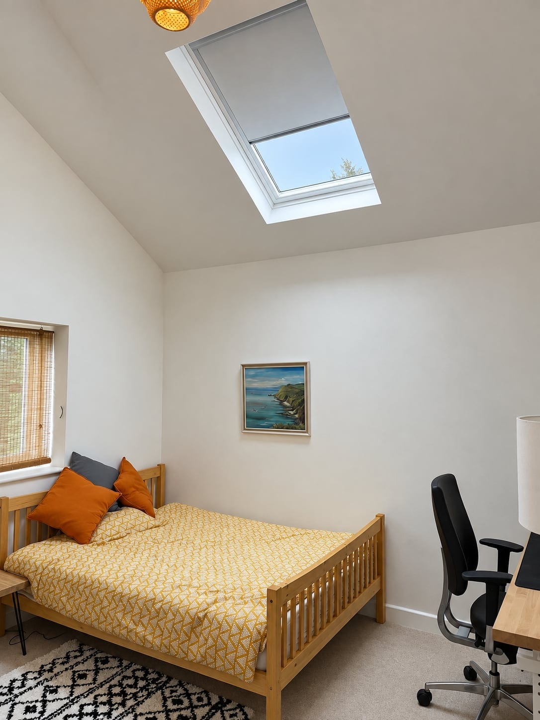 Bedroom under a sloping ceiling with a rooflight