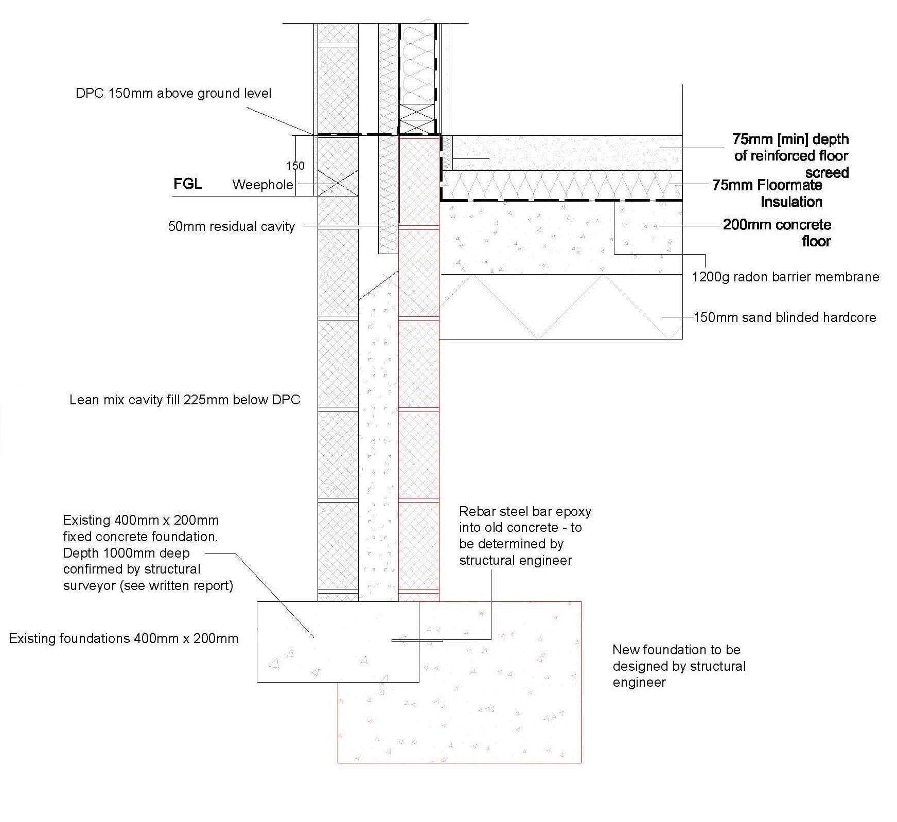 Construction detail of the new floor slab meeting the existing foundation