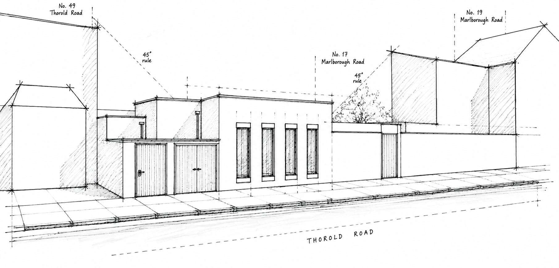 Hand-drawn street perspective of the infill site