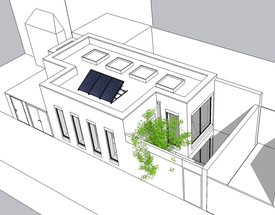 Aerial 3D model of the dwelling, its terrace and rooflights