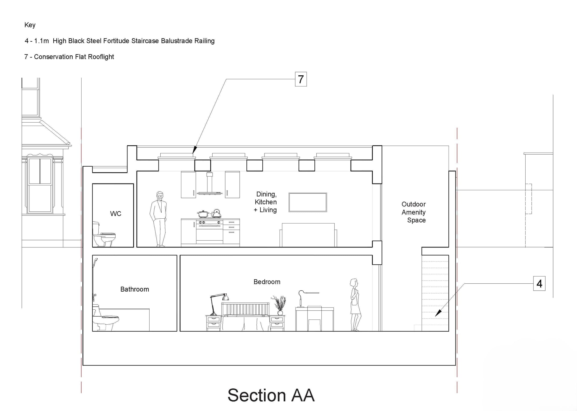 Section AA: living and kitchen above the bedroom level