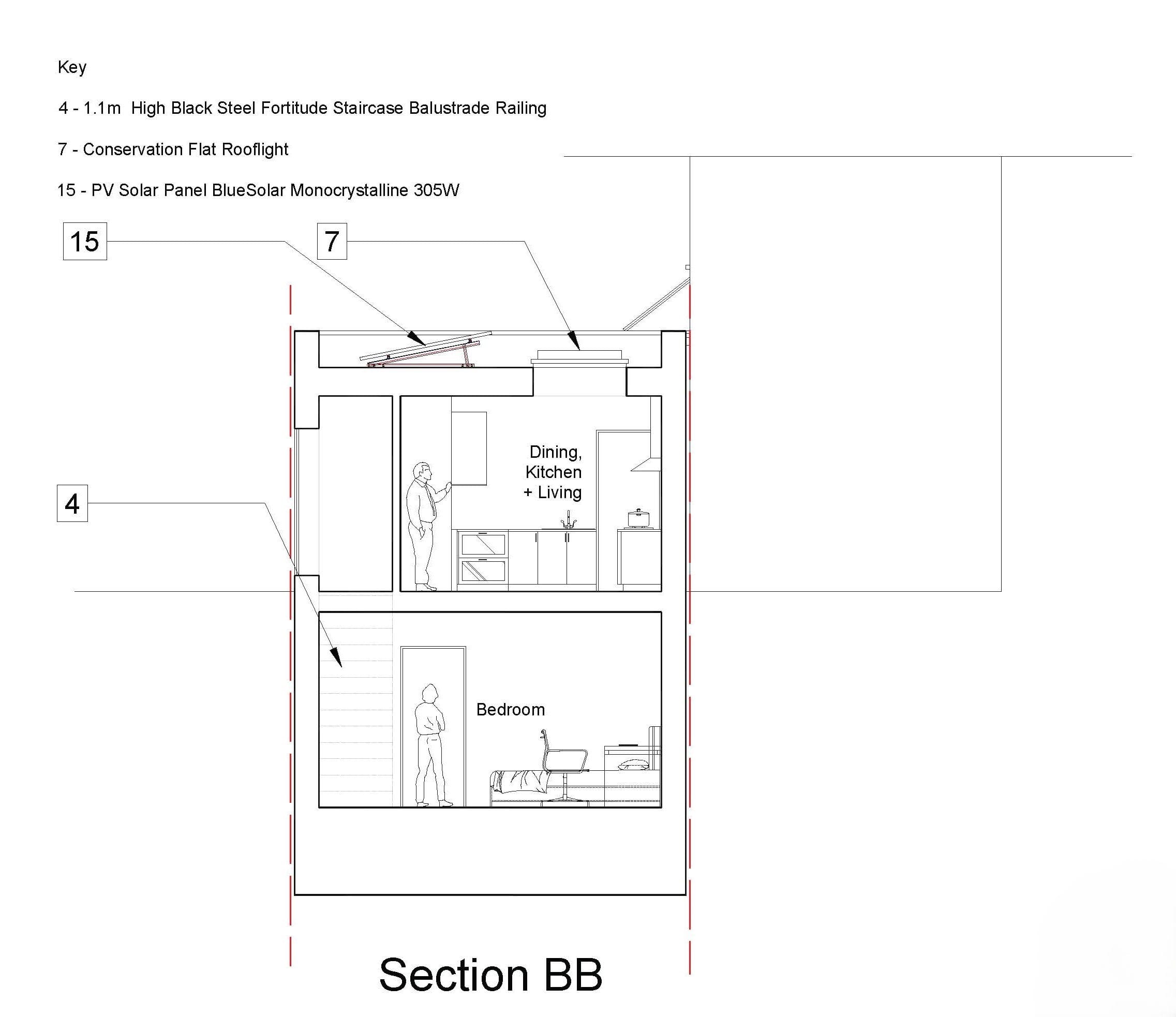 Section BB through the stair and rooflights