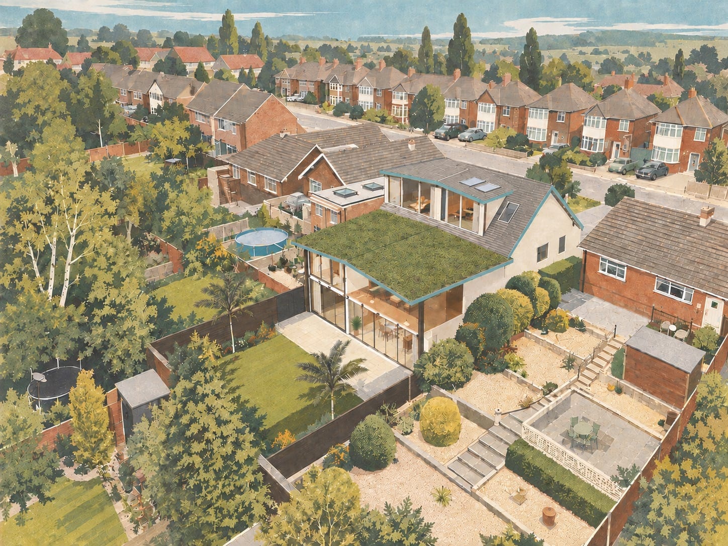 Illustrated aerial view of the house and its green roof within the surrounding suburban streets
