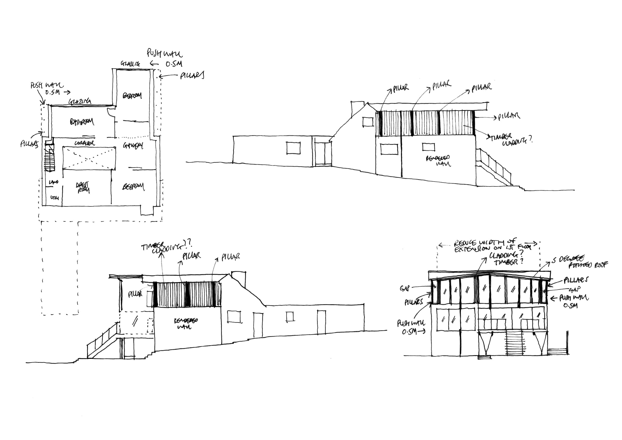 Early hand sketches of plans and elevations