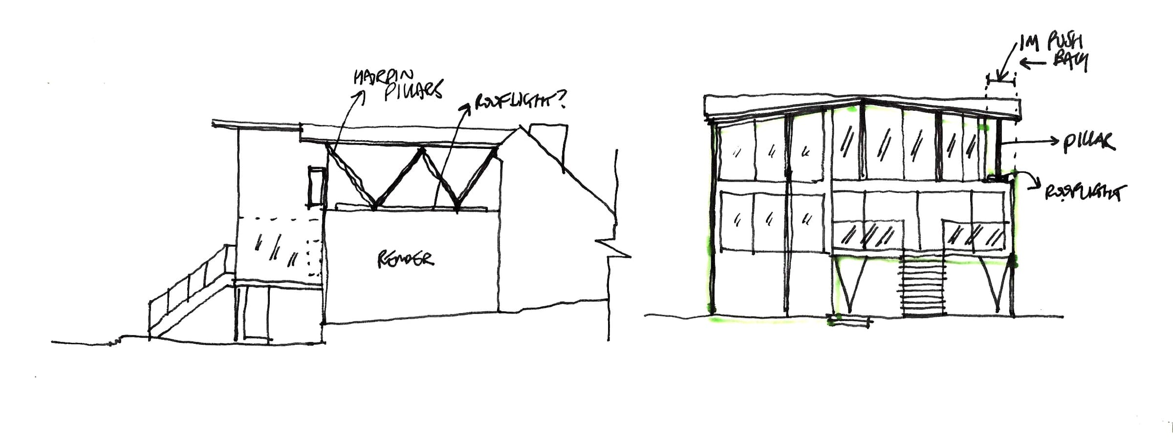 Hand-sketched development elevations exploring roof, structure and glazing