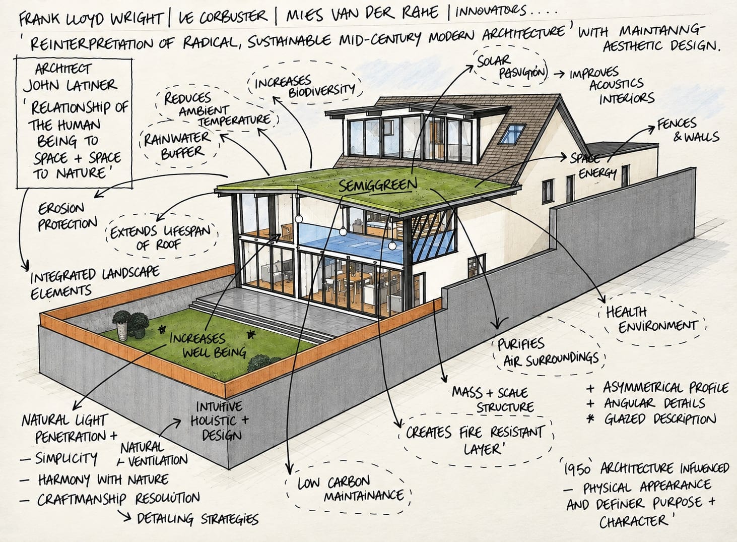 Annotated concept sketch describing the mid-century, landscape and sustainability ideas