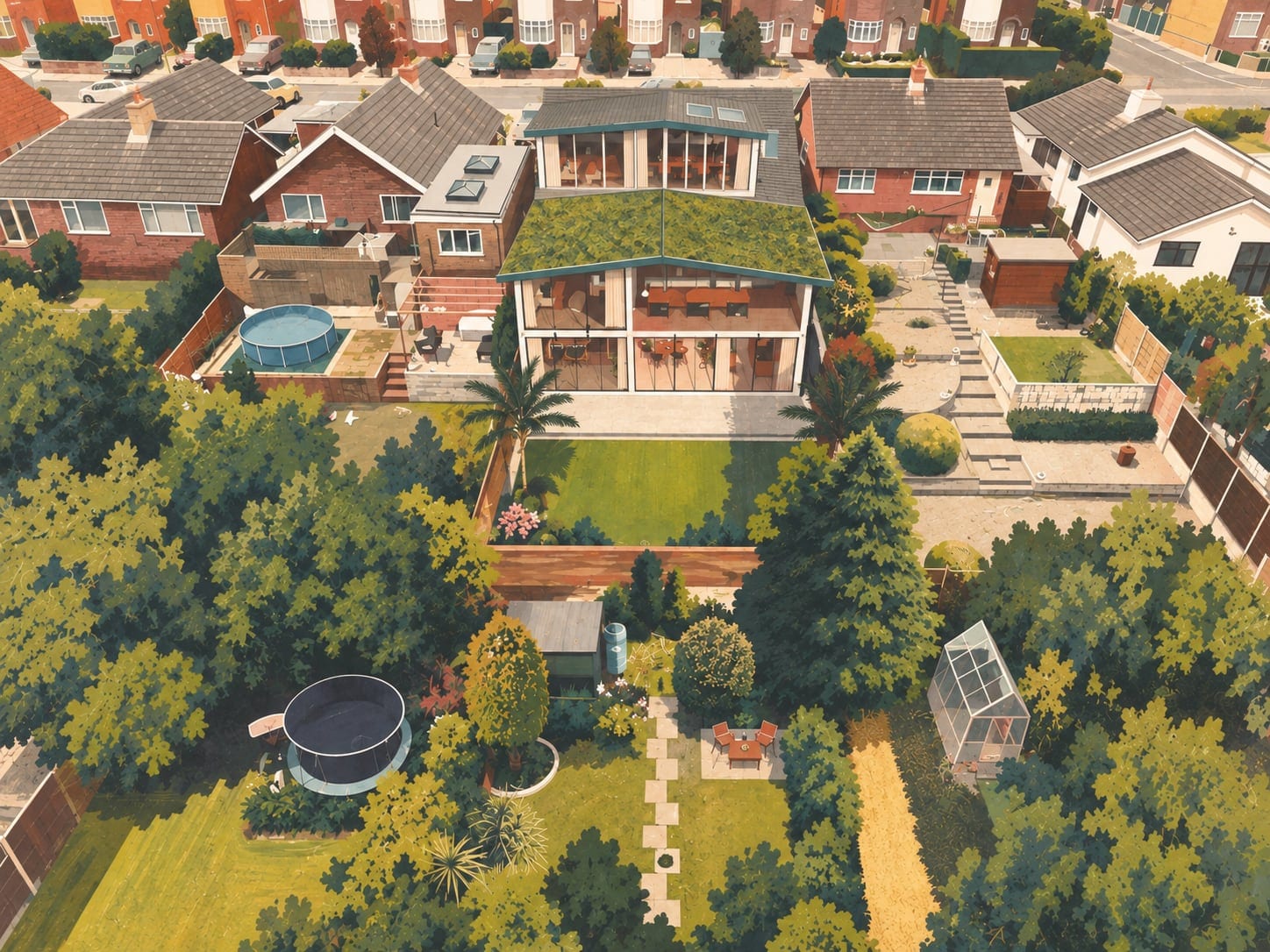 Illustrated aerial view of the rear, with the green roof, terraces and long garden