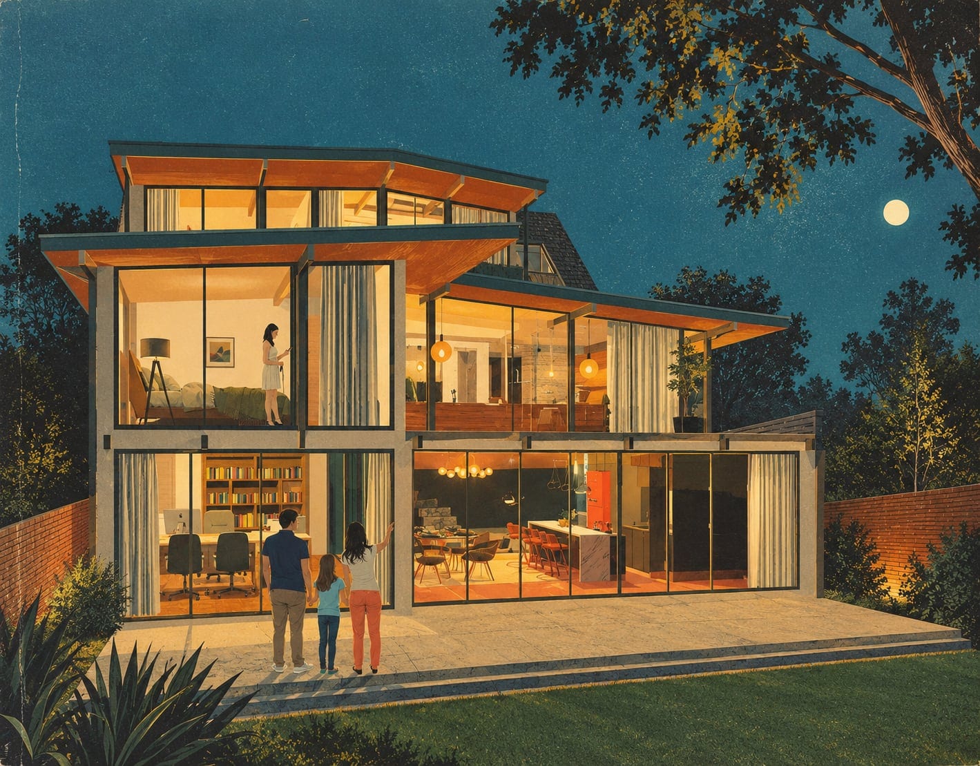 Illustrated night view of the glazed rear elevation