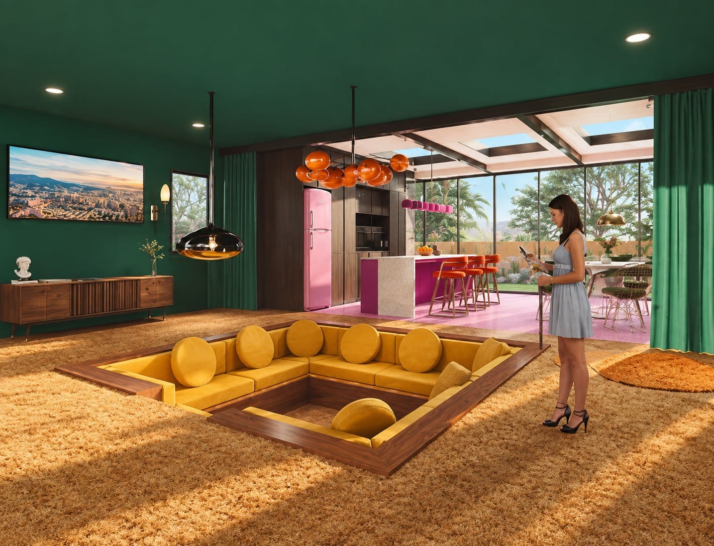 Interior render of a sunken conversation pit with mustard seating and views to the garden