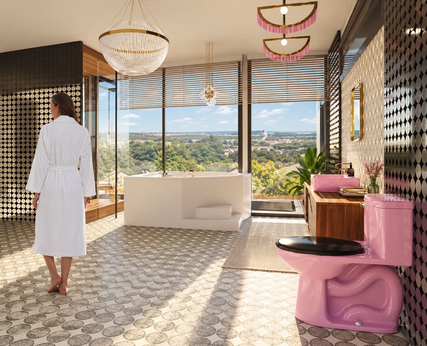 Interior render of a bathroom with patterned floor and a freestanding bath by a large window