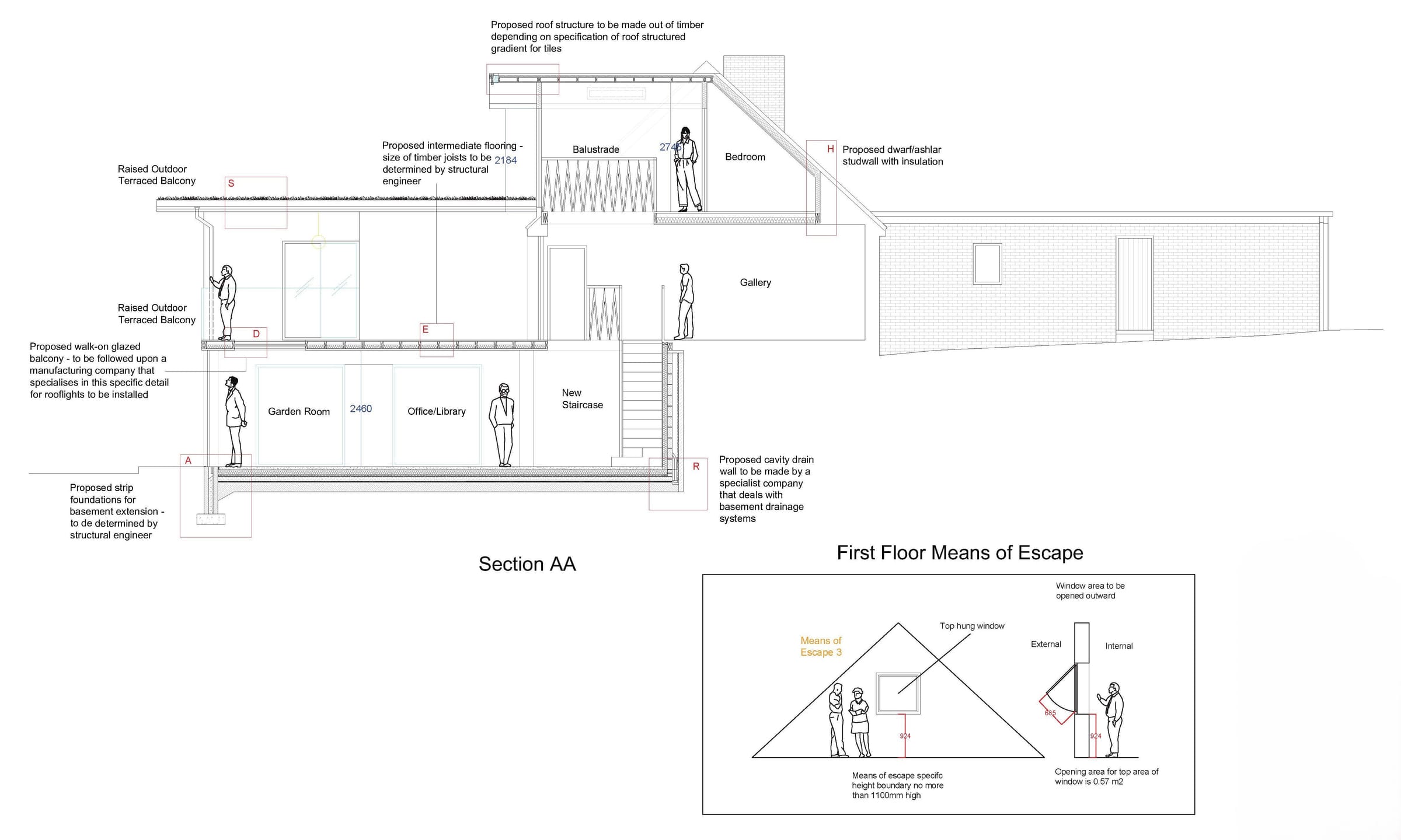 Section AA through the basement, garden room and upper level, with first-floor means of escape