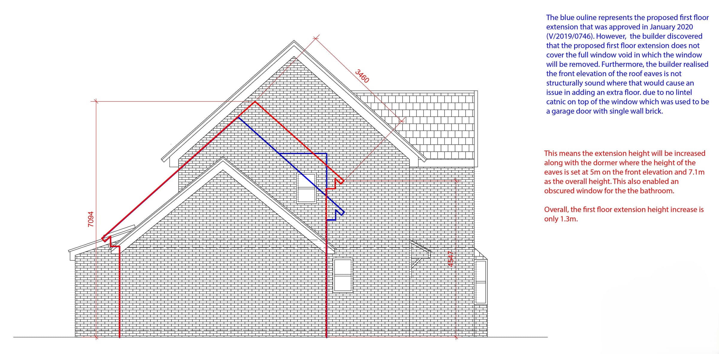 Elevation diagram comparing the approved and amended extension