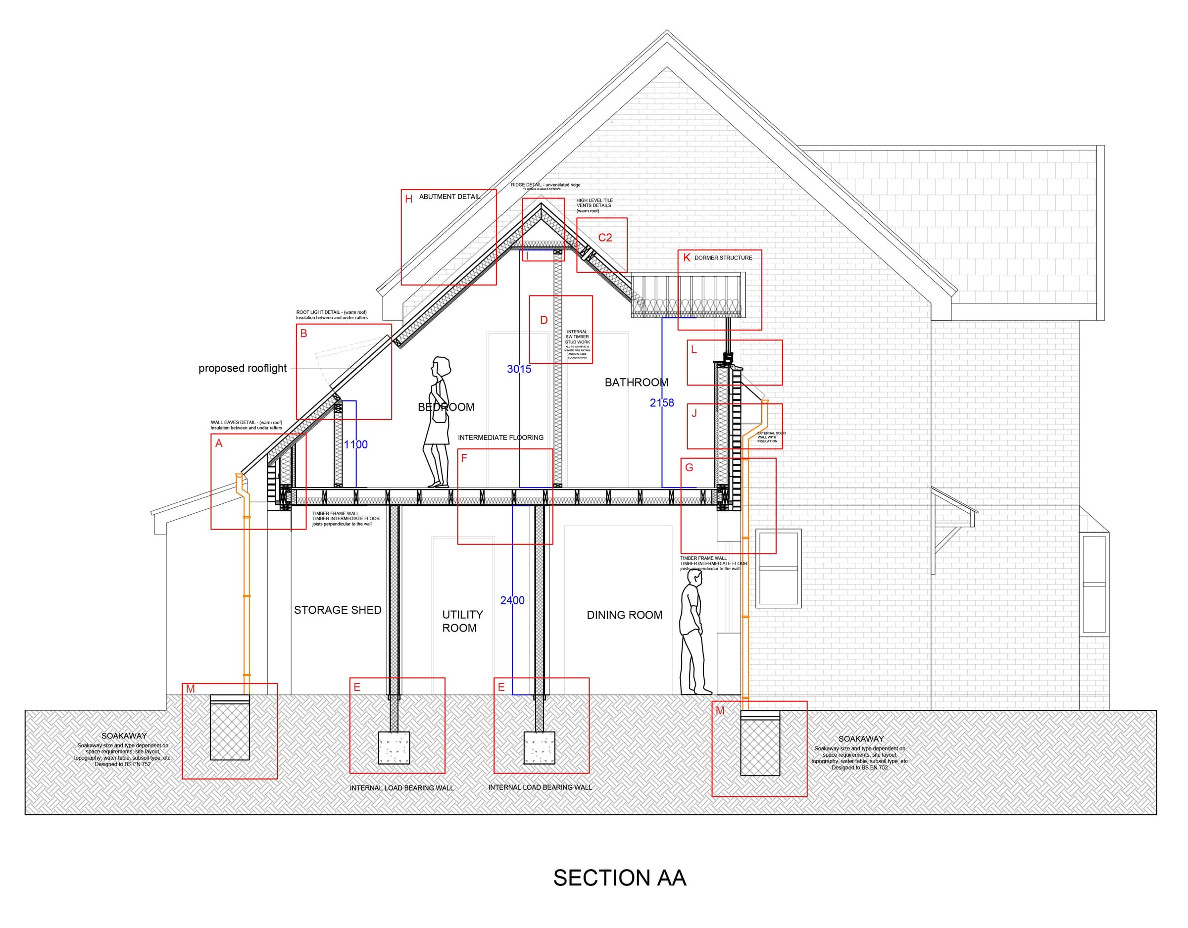 Section AA through the extension and the existing house