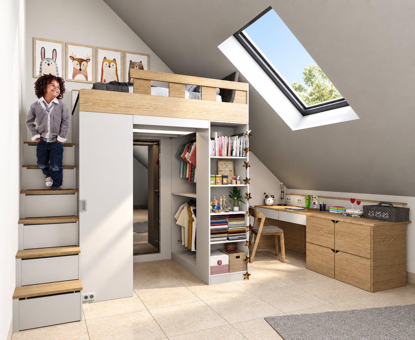 Render of the child's room: a raised bed with storage steps under a rooflight