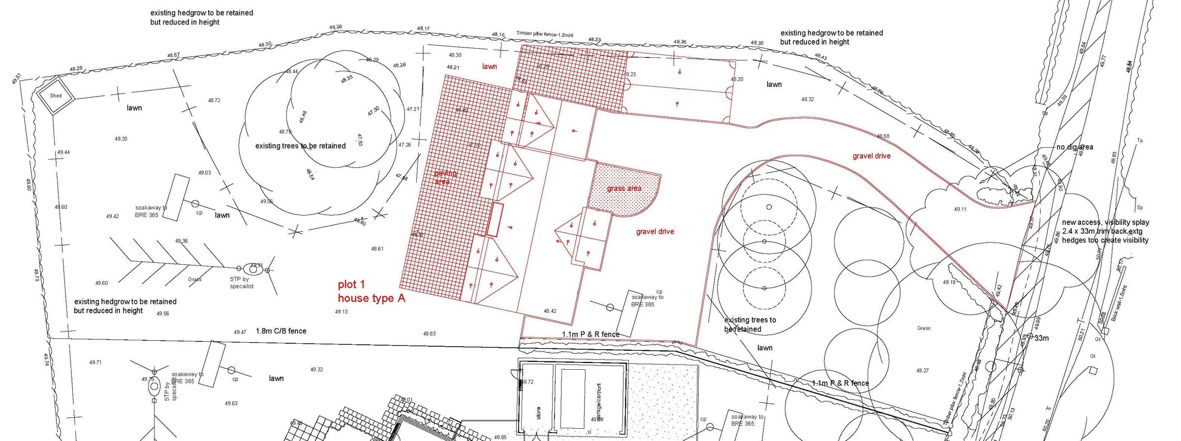 Amended site plan with the house, garage and retained trees