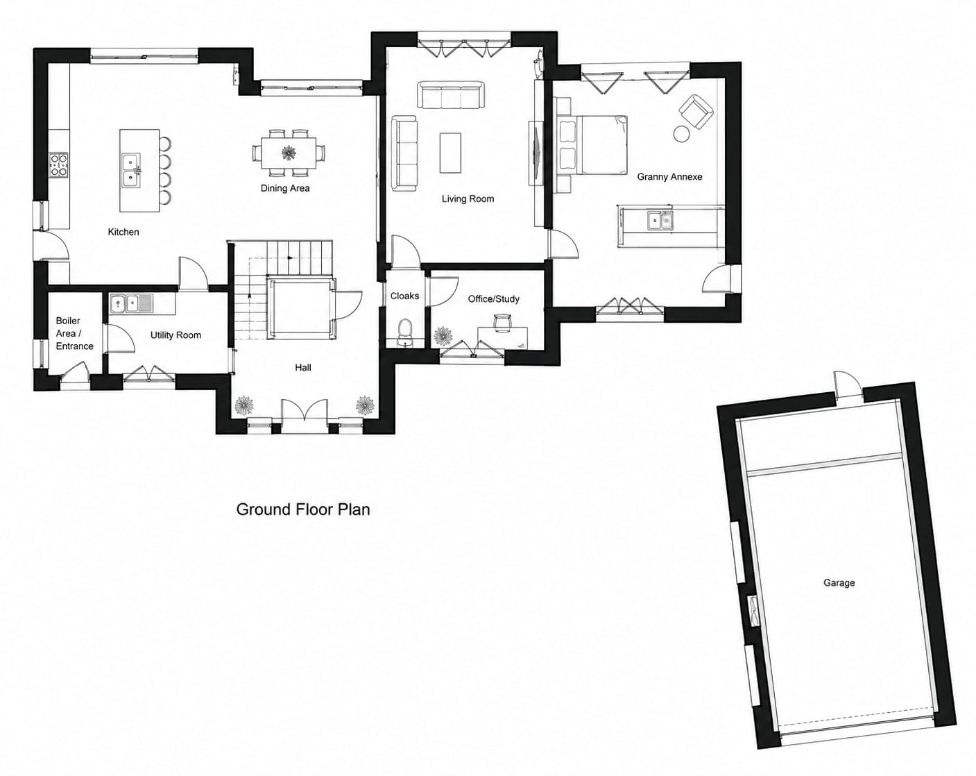 Ground floor plan with the living spaces, study and annexe