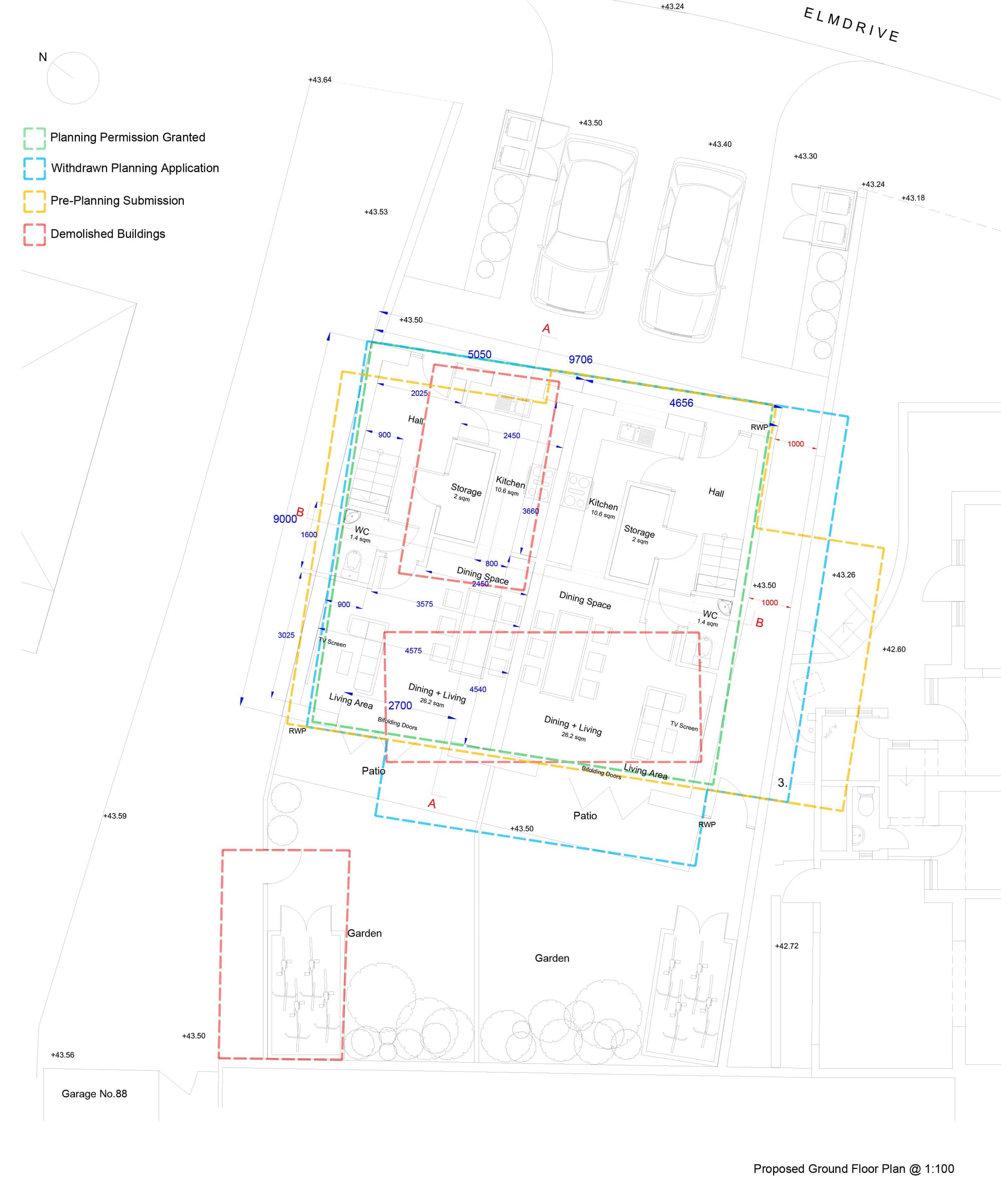Ground floor site plan comparing approved and proposed schemes