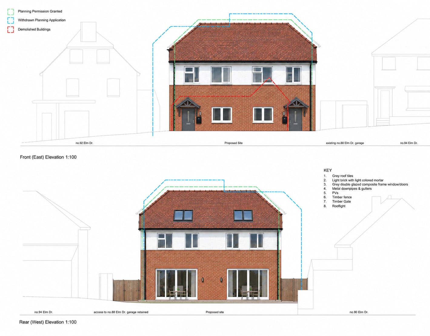 Coloured front and rear elevations