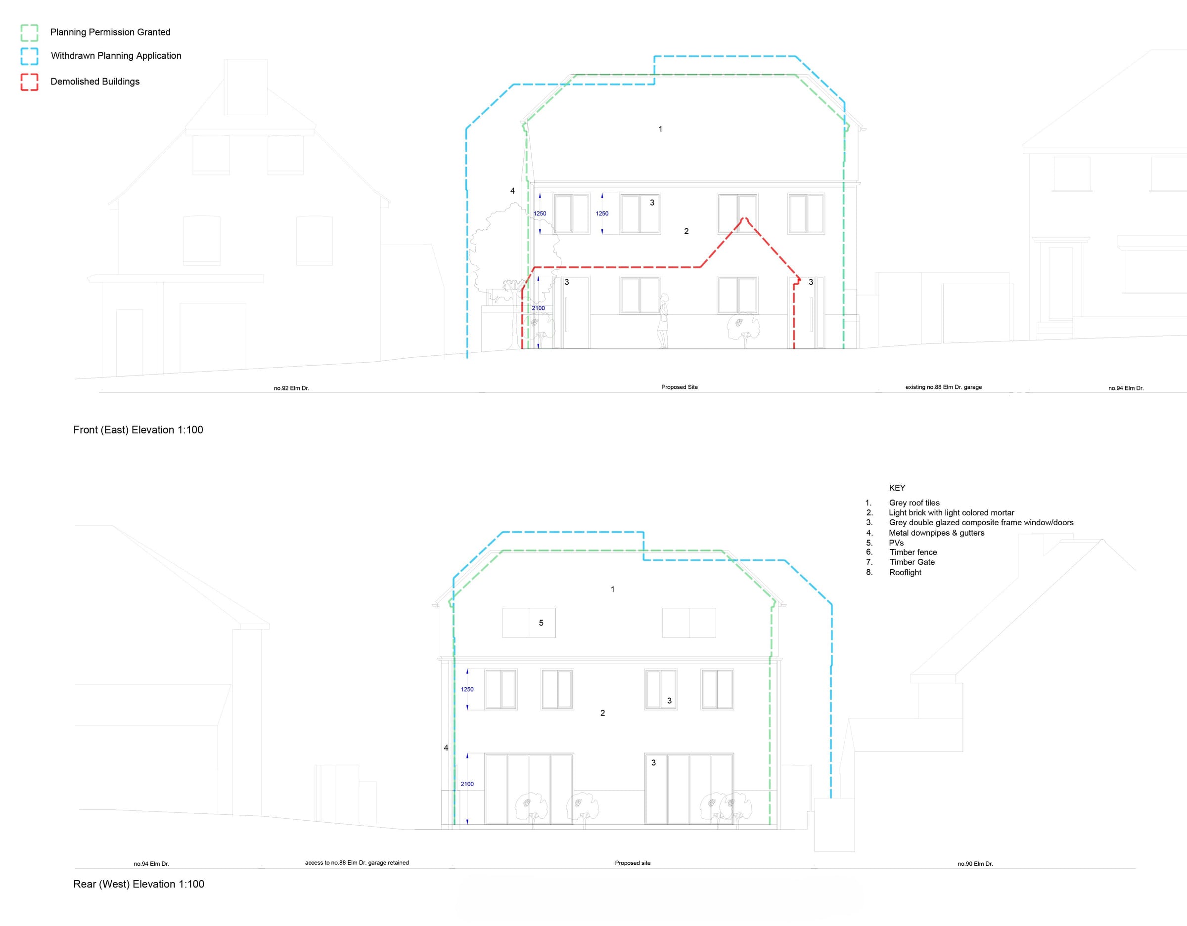 Front and rear elevations showing how the scheme evolved