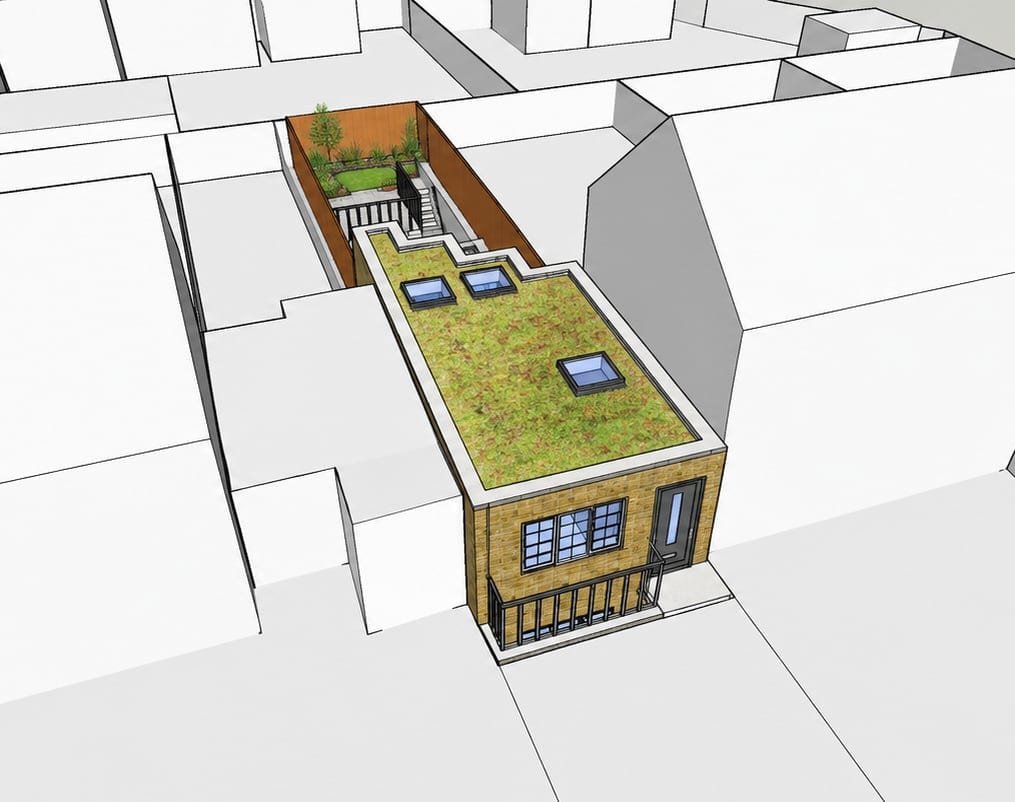 Rear aerial axonometric with green roofs and the sunken garden