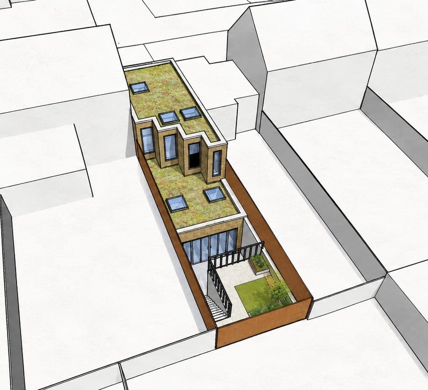Front aerial axonometric showing the narrow infill site