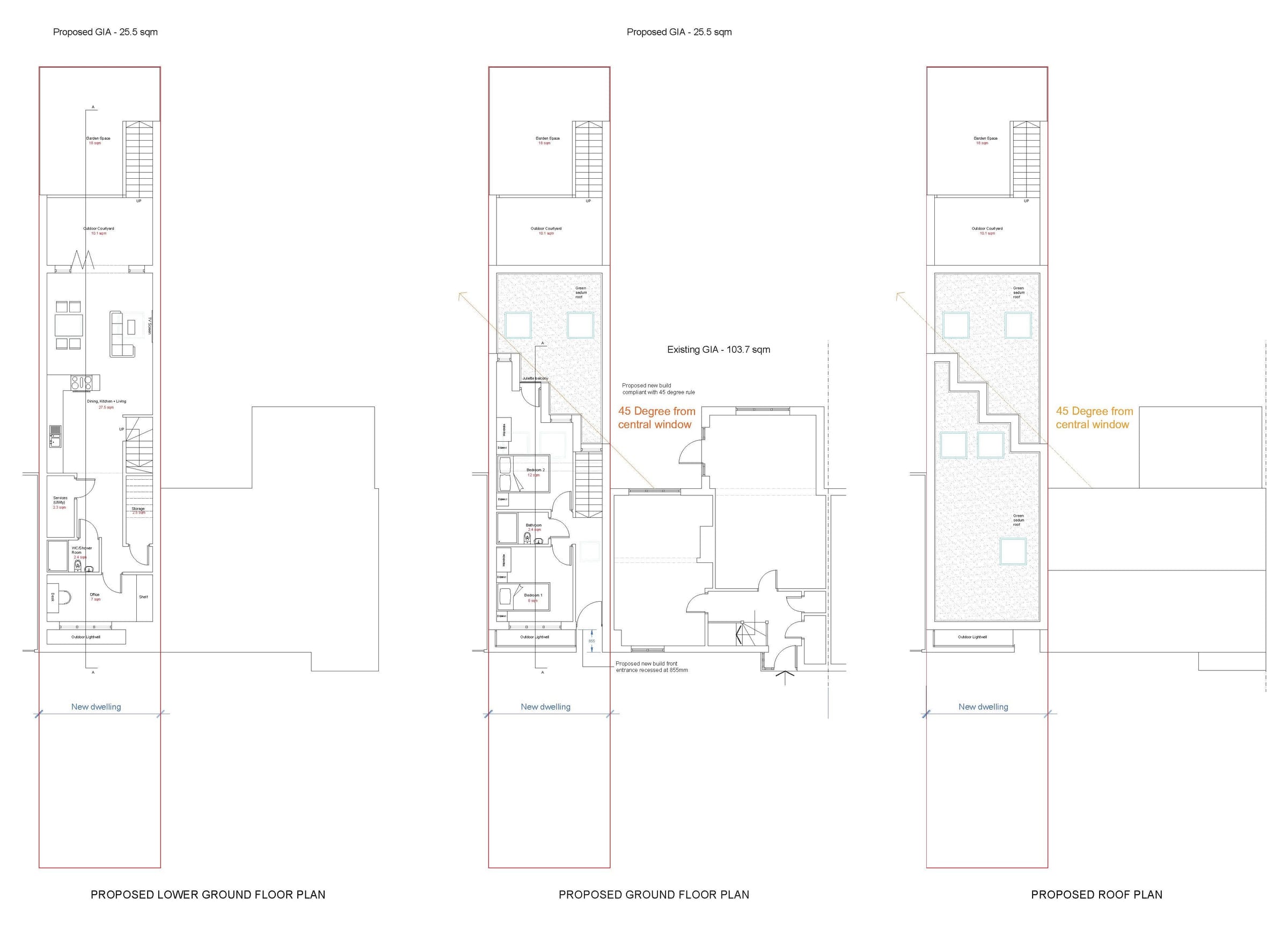 Proposed basement, ground floor and roof plans