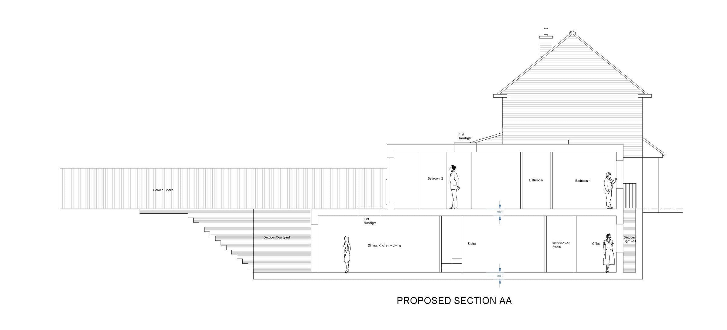 Section AA through the basement courtyard and the existing house