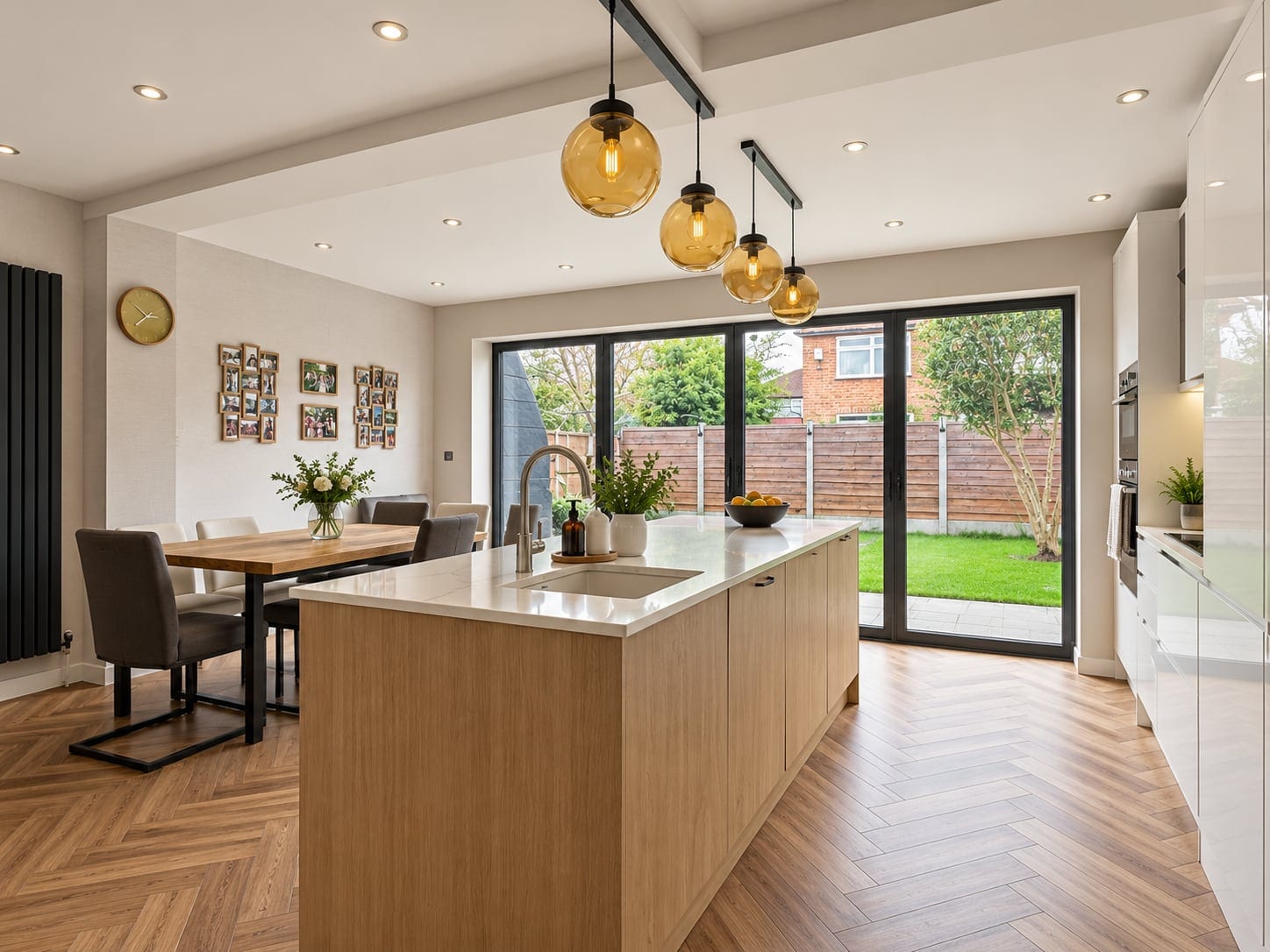 Kitchen island and dining space with glazed doors to the garden