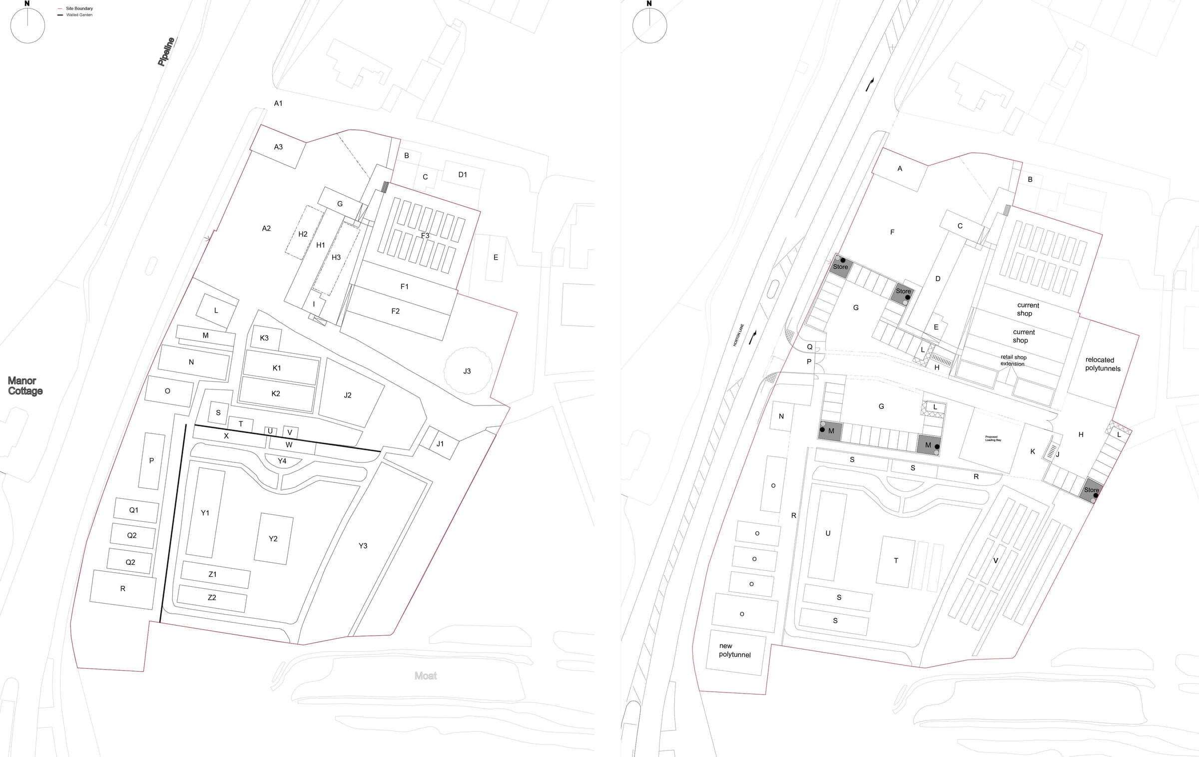 Existing and proposed site plans side by side