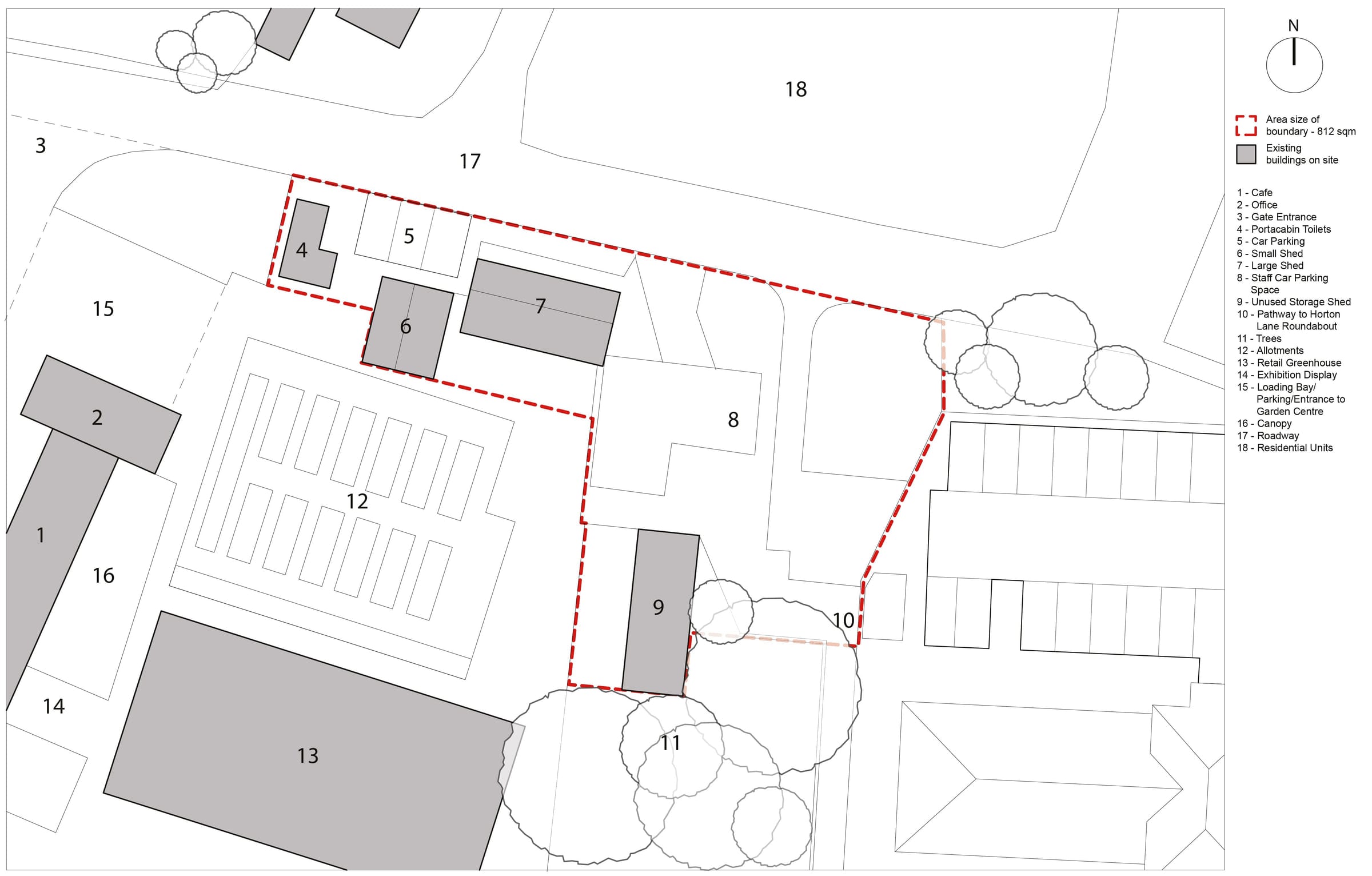 Site plan identifying the café, parking, allotments and glasshouses
