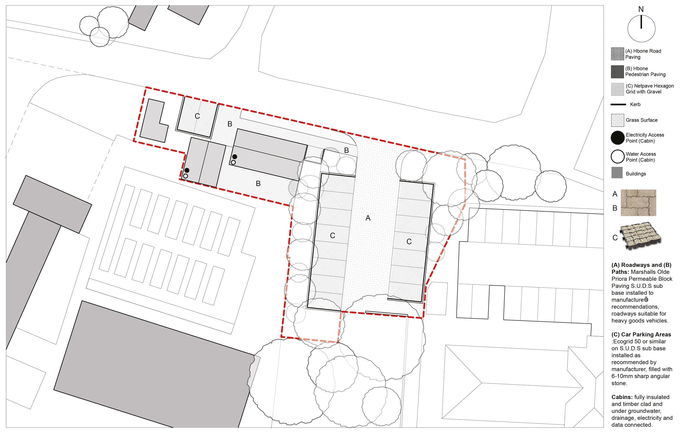 Proposed external works: paving, parking and new timber cabins